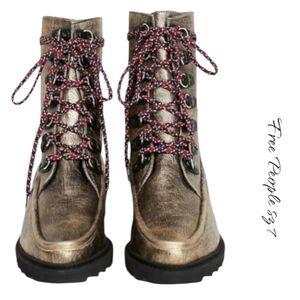 Free People Fallon Hiker Boots Metallic Gold Leather Lace Up 7